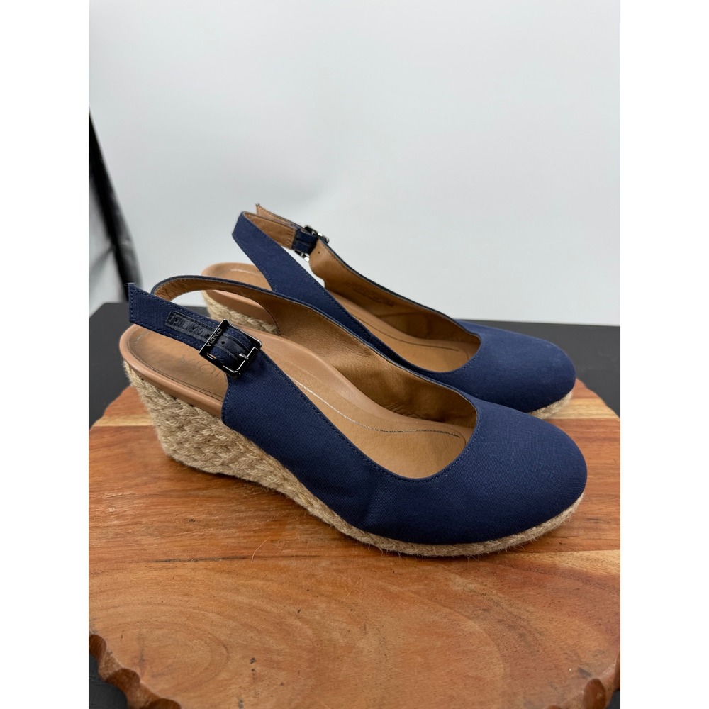 Vionic Coralina Espadrille Wedge Sandals Womens 9W Navy Blue Canvas Slingback